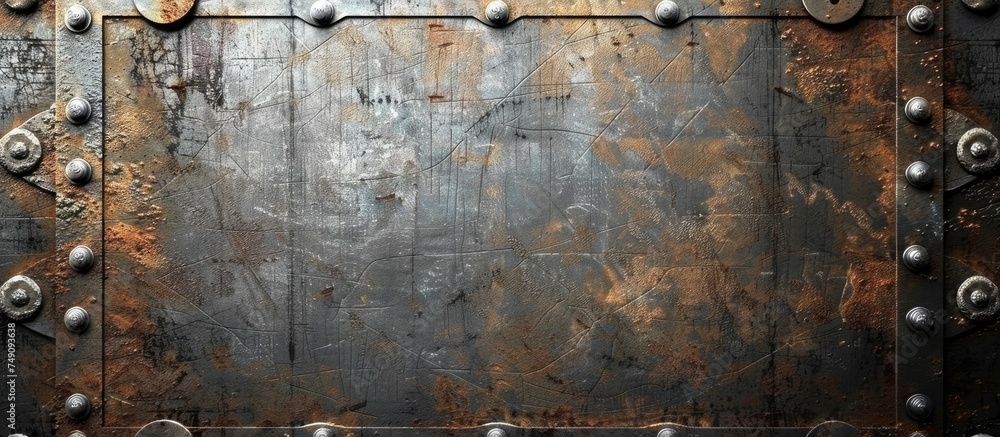 A grungy metal background featuring numerous rivets and rivet holes, creating a rugged and industrial look. The texture of the metal is rough and weathered, adding character to the surface. - obrazy, fototapety, plakaty 