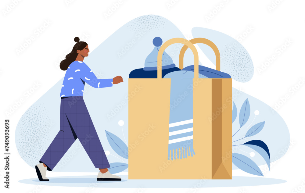 Woman with warm clothing. Young girl near package with blue scarf and hat. Fashion, trend and style. Character with apparel for winter. Cartoon flat vector illustration isolated on white background Woman with warm clothing. Young girl near package with blue scarf and hat. Fashion, trend and style. Character with apparel for winter. Cartoon flat vector illustration isolated on white background