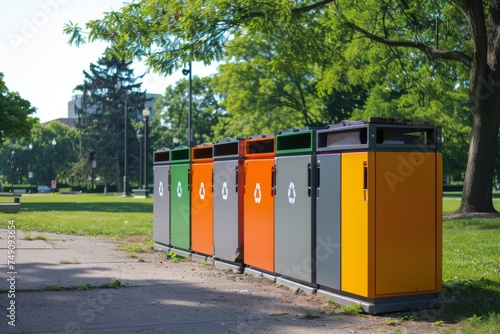Colorful separate waste collection bins in park © InfiniteStudio