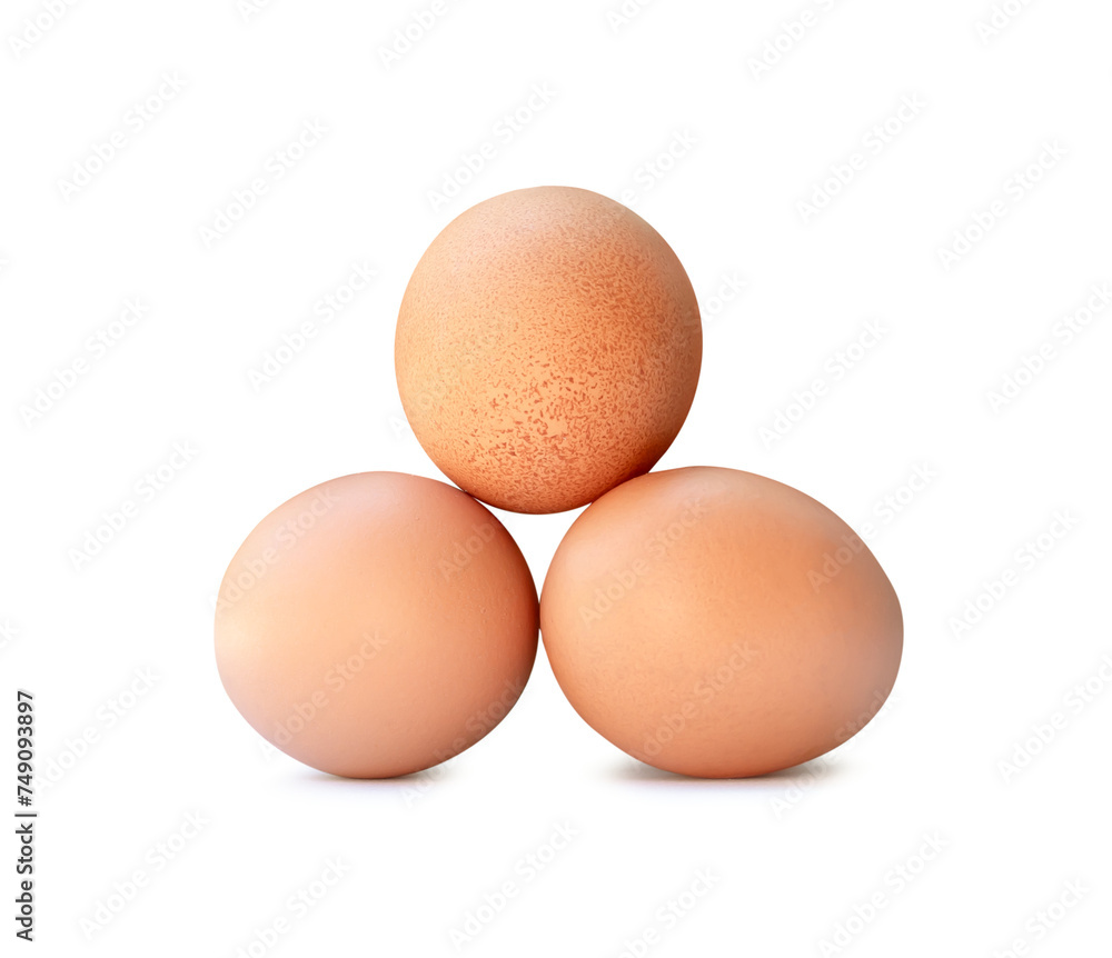 Front view of three fresh chicken eggs in stack isolated with shadow in png file format Front view of three fresh chicken eggs in stack isolated with shadow in png file format