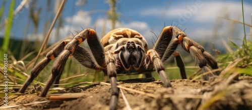 A spider, likely a Majestic Hamorii Tarantula, crawling on the ground. The intricate details of the spiders body and legs are visible as it navigates its surroundings. photo