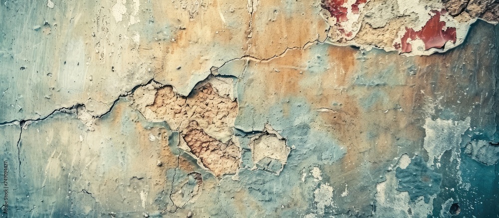 A closeup view of a grunge textured wall covered in rust and peeling paint, showing signs of decay and neglect.