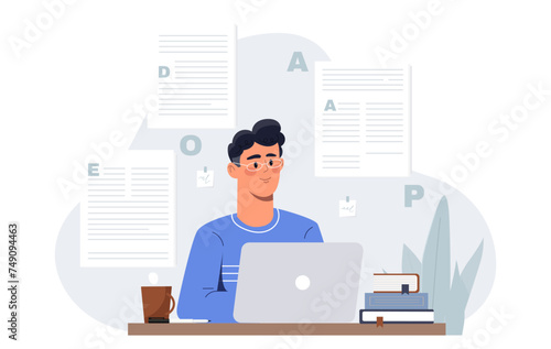 Copywriter with laptop. Man typing articles and creating interesting content for social networks and websites. Freelancer and remote worker at home. Cartoon flat vector illustration