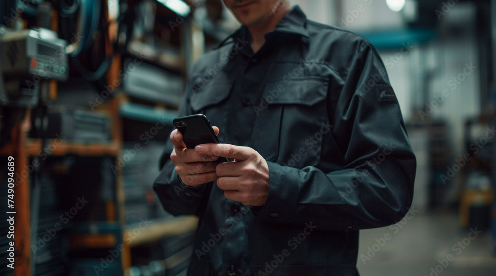 a technician with dark shirt holding a smartphone, blue and low details background a technician with dark shirt holding a smartphone, blue and low details background