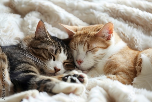Striped and ginger cats sleeping and hugging on a white blanket
