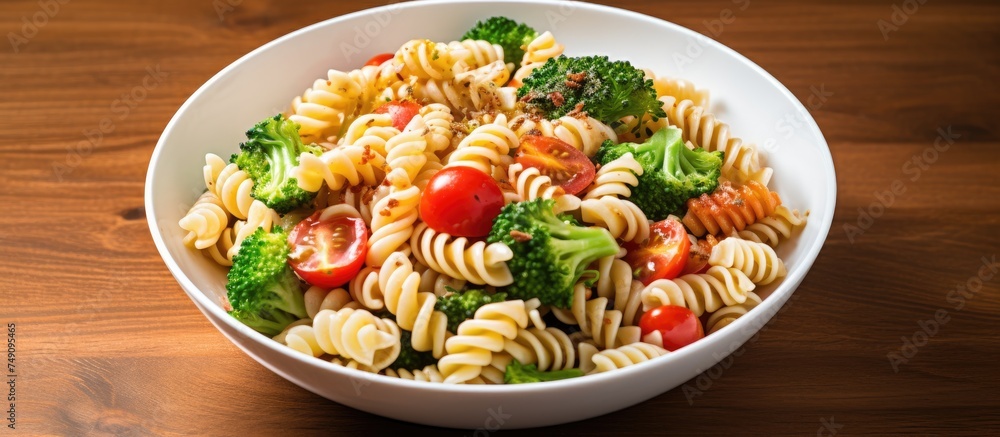 A bowl of fusilli pasta salad topped with fresh red tomatoes and vibrant green broccoli florets, creating a colorful and nutritious meal. A bowl of fusilli pasta salad topped with fresh red tomatoes and vibrant green broccoli florets, creating a colorful and nutritious meal.