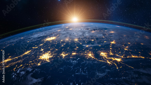 Planet Earth from space. Flickering lights of cities. Map of the mainland. Global communications system and the World Wide Web. Technologies and communications. Globalization. Luminous sphere.