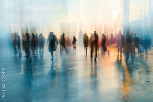 Motion blur of people walking in the morning rush hour, busy modern life concept photo