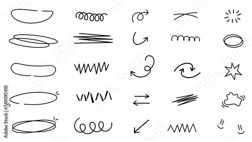 Vector hand drawn illustration set of lines, x marks, underline strokes, doodles and arrows elements isolated in white background.   photo