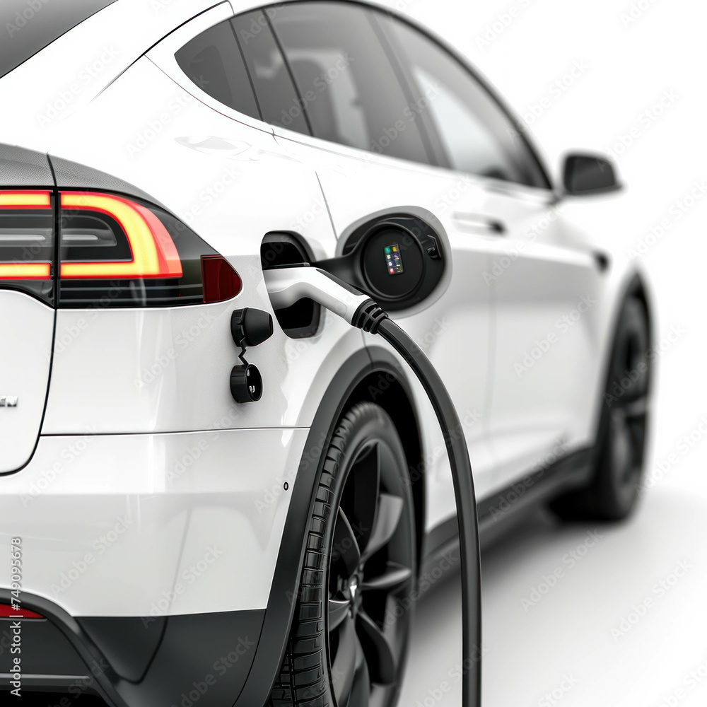 A striking image showcasing an EV car charging, emphasizing its eco-friendly features. The white color theme and close-up detail create a visually appealing composition. AI generative.