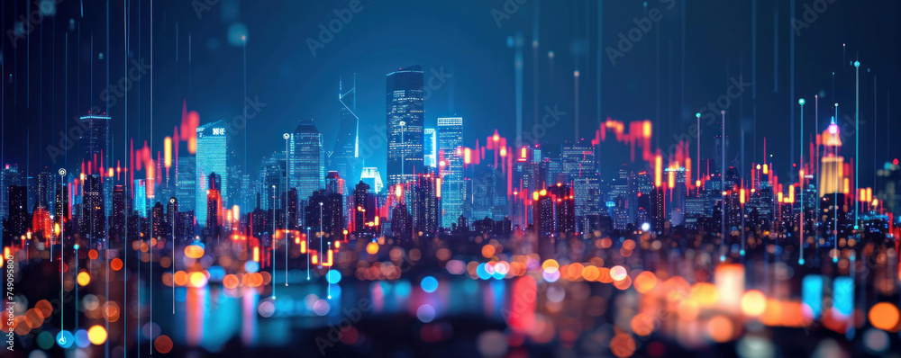 Financial chart in a futuristic cityscape, captured with ray tracing for enhanced realism. AI generative techniques elevate the visual impact, creating a dynamic night scene.