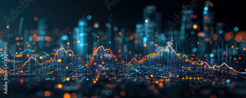 Financial chart in a futuristic cityscape, captured with ray tracing for enhanced realism. AI generative techniques elevate the visual impact, creating a dynamic night scene.