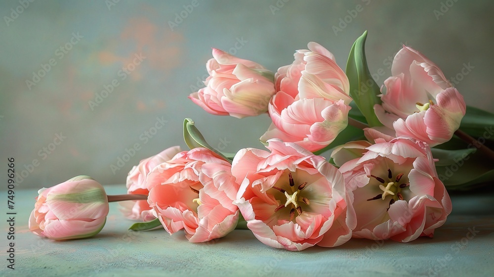 Light pink tulip bouquet on a plain background shot with soft light and a shallow depth of field Light pink tulip bouquet on a plain background shot with soft light and a shallow depth of field