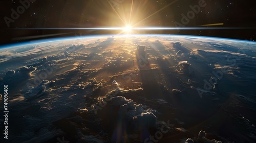 Satellite orbiting Earth in space, with a map of the world in the background, surrounded by stars and a blue sky photo