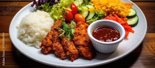 A plate contains a serving of white rice accompanied by slices of cucumbers and drizzled with a savory sauce. The meal provides a wholesome combination of carbohydrates, vegetables, and flavor