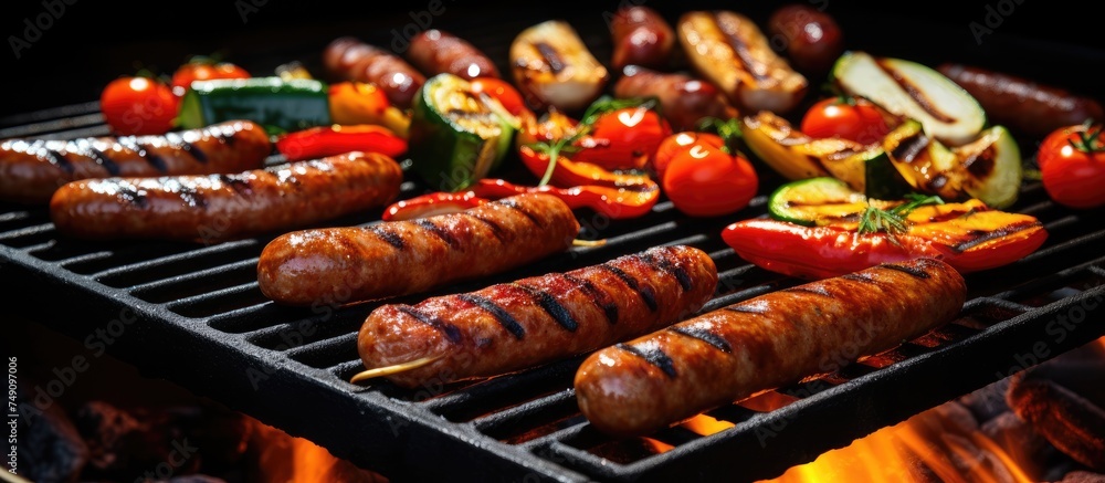 Savory barbecue sausages and vibrant vegetables are sizzling on the grill, releasing delicious aromas and creating a mouth-watering meal.