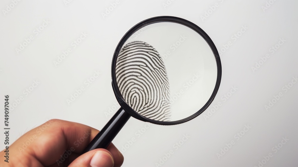 Magnifying glass identifies fingerprints, fingerprint search seek investigate Magnifying glass identifies fingerprints, fingerprint search seek investigate