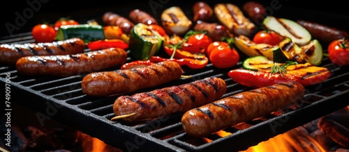 Savory barbecue sausages and vibrant vegetables are sizzling on the grill, releasing delicious aromas and creating a mouth-watering meal.