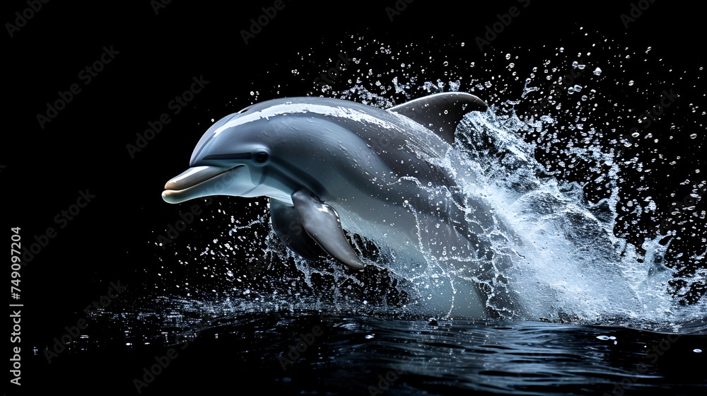 Cute dolphin jumping isolated on black background with splashes of water. generative ai 