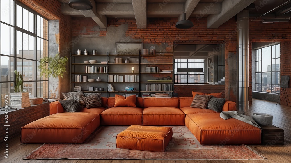 Fototapeta premium Loft Design. Room in loft style. Living room loft in industrial style with brown sofa, 3d render. Real estate concept. Design concept. 3d design. Loft concept. Creative concept. Old school concept.