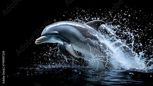 Cute dolphin jumping isolated on black background with splashes of water. generative ai  © Malaika
