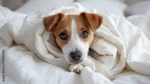 Cute funny puppy on white bed at home in morning.  generative ai 