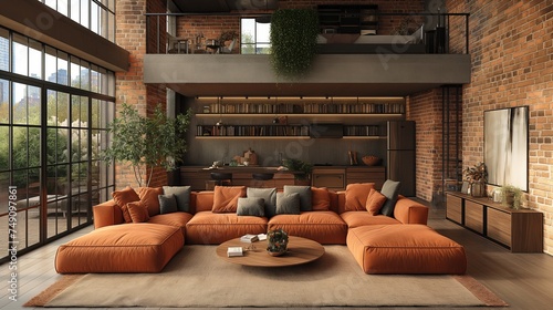 Loft Design. Room in loft style. Living room loft in industrial style with brown sofa, 3d render. Real estate concept. Design concept. 3d design. Loft concept. Creative concept. Old school concept.