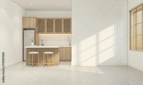 Fototapeta Naklejka Na Ścianę i Meble -  Modern japan style empty room with kitchen minimalist built-in cabinet and bar counter, white wall and polished concrete floor.3d rendering