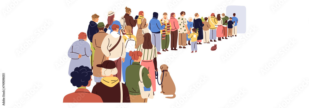 Crowded Queue: Vector Illustration of Many People Waiting in Line