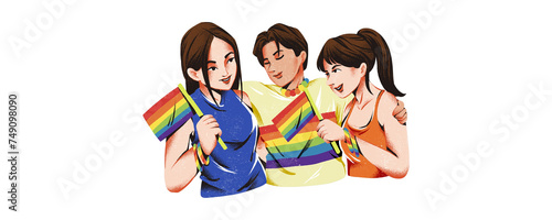 Diverse Trio: LGBTQ+ Friends Proudly Holding Pride Flags - Vector Illustration Celebrating Unity and Visibility"