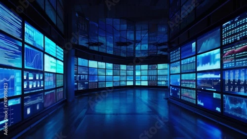 A room filled with large screens displaying realtime data on market demand allowing for swift decisionmaking. photo