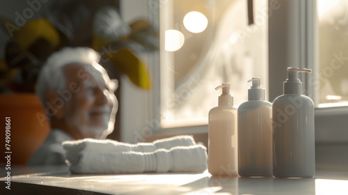 Serene spa indulgence, a glamorous older man luxuriates in a tranquil spa setting, embodying body and facial care, surrounded by health-enhancing lotions and wellness items for ultimate relaxation photo