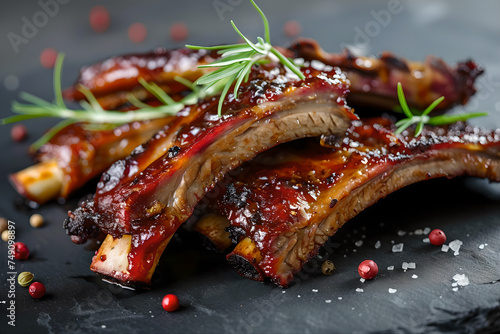 Barbecue pork ribs slathered in sweet savory and sticky barbecue sauce  photo