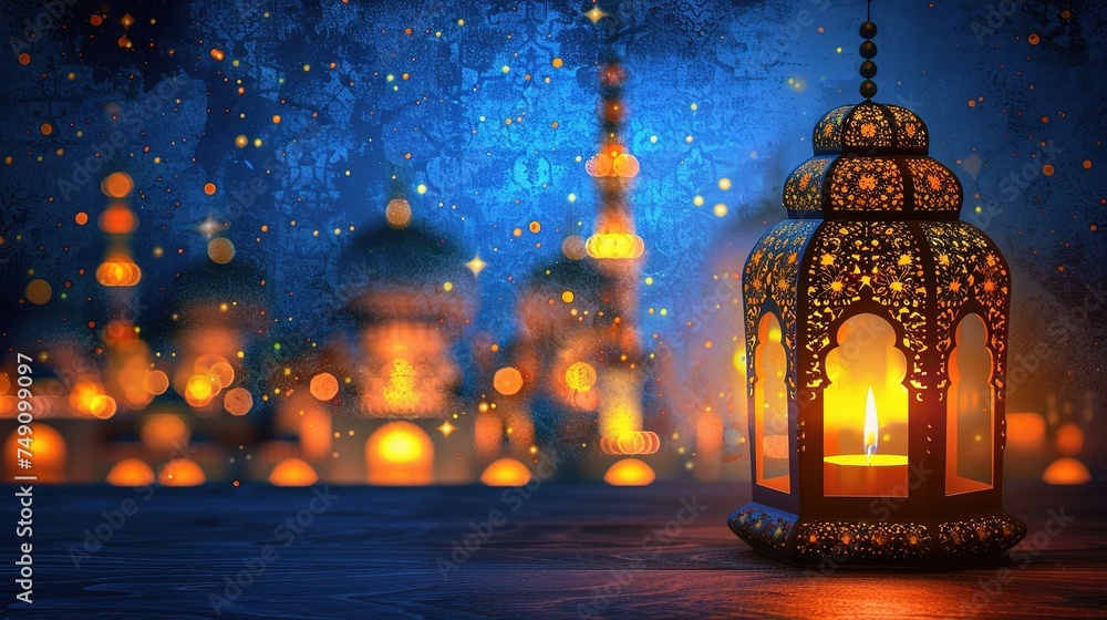 Ornamental Arabic lantern with burning candle glowing