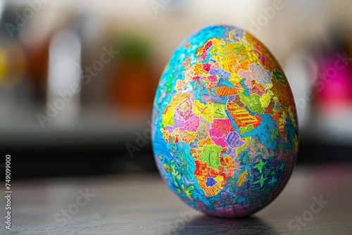 A Global Celebration: An Intricately Designed Easter Egg Adorned with a Colorful World Map Pattern, Symbolizing Unity and Diversity
