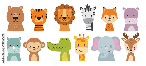 Cute wild animal faces set. Vector illustration of woodland and safari animal faces including a bear, tiger, lion, zebra, giraffe, fox, hippy, rhino, monkey, crocodile, elephant, and dear.