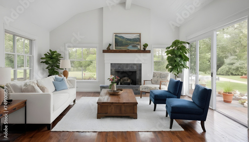 two story modern living room with fireplace and neutral decor