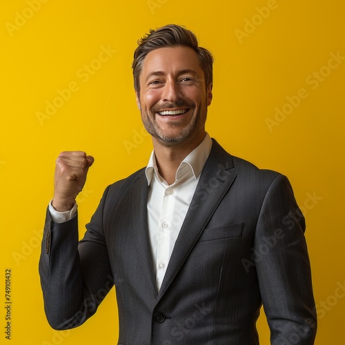 Handsome young man in business suit showing his whole body. He clenched his fist and raised it in greeting as he smiled in celebration after a successful daytime business meeting.