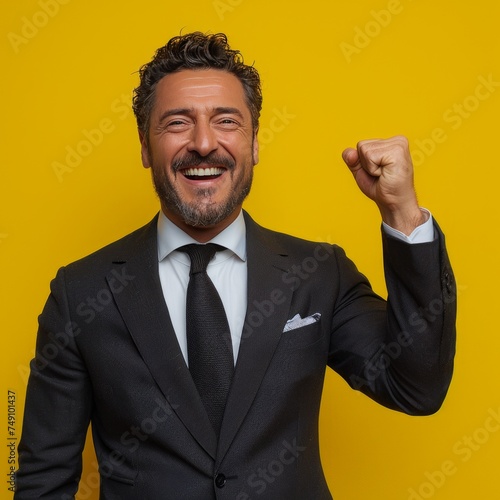 Handsome young man in business suit showing his whole body. He clenched his fist and raised it in greeting as he smiled in celebration after a successful daytime business meeting.