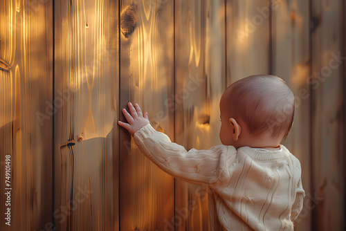 Toddlers practice walking by holding onto a wooden wall.
