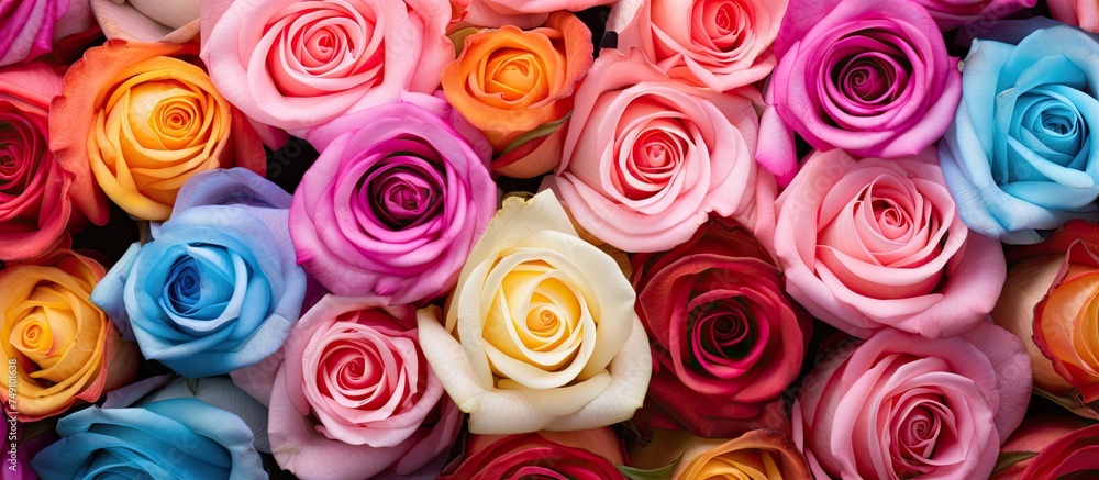 A close-up of a vibrant bunch of multicolored roses, showcasing the stunning variety of colors and patterns found within the rose family. Each rose blooms in its unique shade, creating a beautiful and A close-up of a vibrant bunch of multicolored roses, showcasing the stunning variety of colors and patterns found within the rose family. Each rose blooms in its unique shade, creating a beautiful and