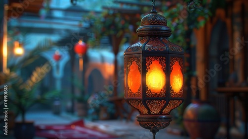 Ramadan Lantern in low light mode with arabesque background. photo