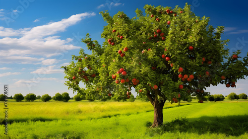 The Harvest Season: A Delightful Scene of a Lush Apple Tree Laden with Ripe Apples in A Vibrant Green Field