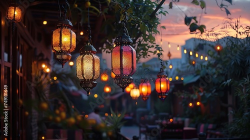 Ramadan Lantern in low light mode with arabesque background photo