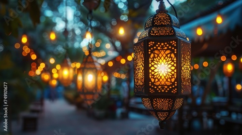 Ramadan lanterns lit in the outdoor during a dusky evening