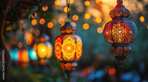 Ramadan lanterns lit in the outdoor during a dusky evening © CLOVER BACKGROUND