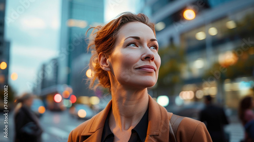 Female executive standing confidently at a busy urban street intersection at dusk, looking towards the sky, imagining future business success