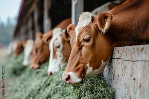 Group of cows eating hay in a barn