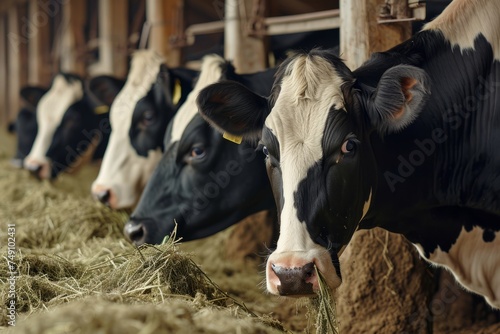 Group of cows eating hay in a barn