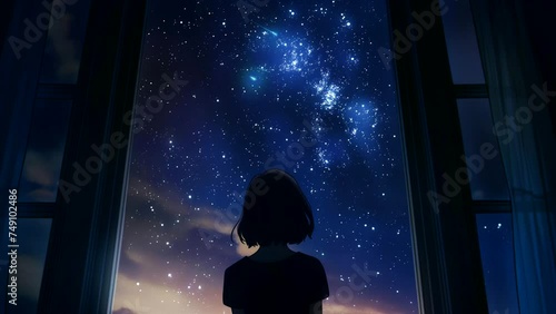 Girl gazing at the nighttime starry night sky from an open window. seamless looping 4k time-lapse animation video background photo